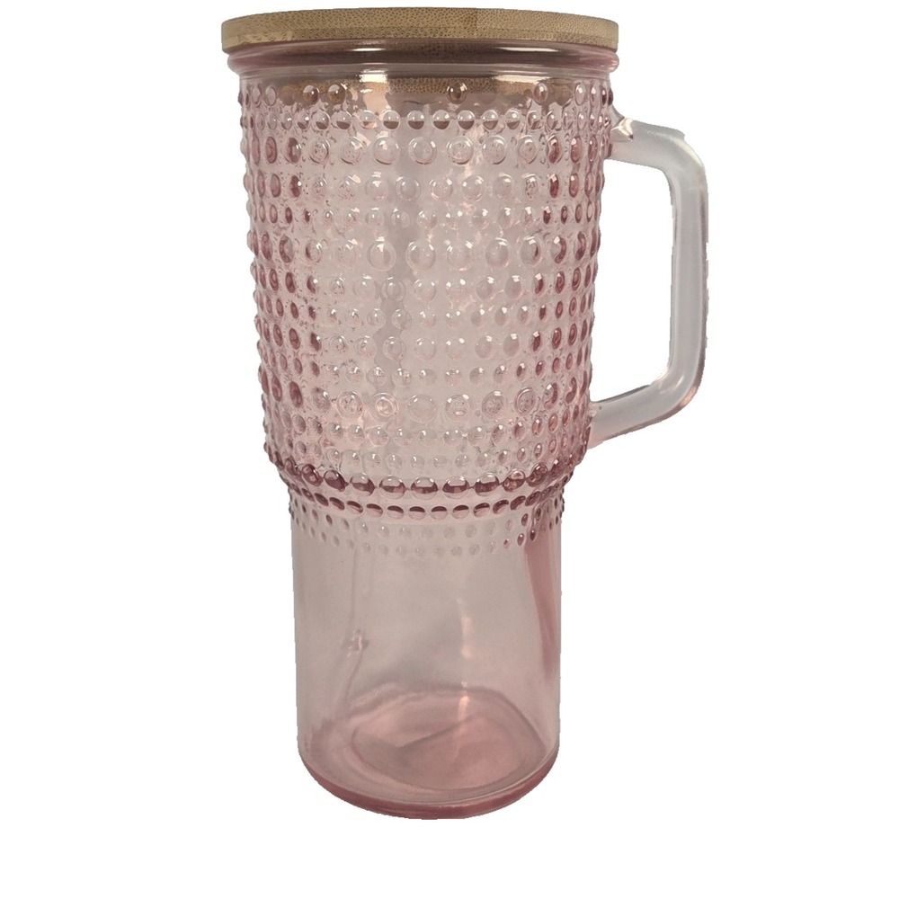 34 Oz Pink Hobnail Tumbler With Handle Bamboo Lid Straw Textured Glass Cup